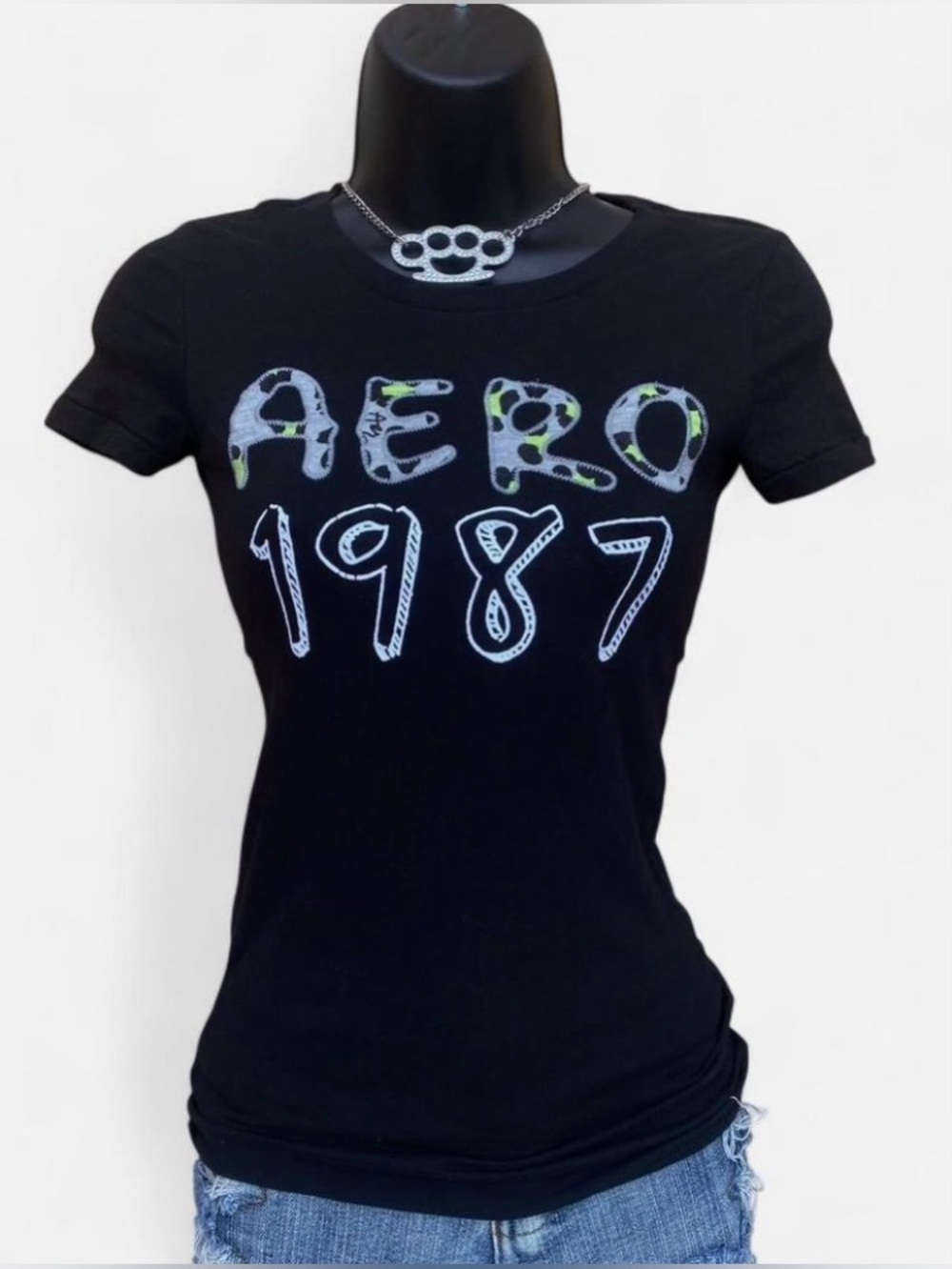 Y2k Aero Black Baby Tee with Neon Green & Grey Leopard Print 3D Lettering